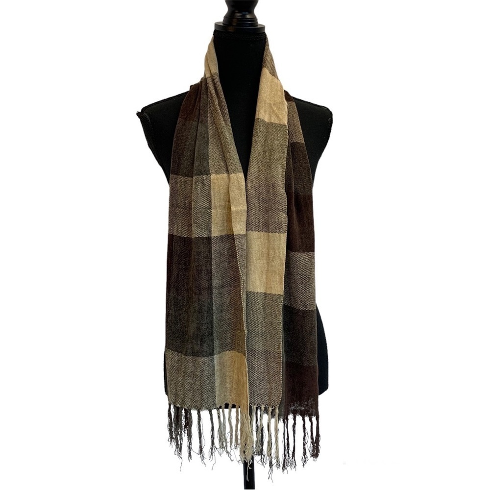 BROWN tan cream soft check square print multicoloured shade scarf
